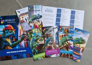 Mehrere bunte Hefte mit verschiedenen Motiven, die auf einem Tisch liegen