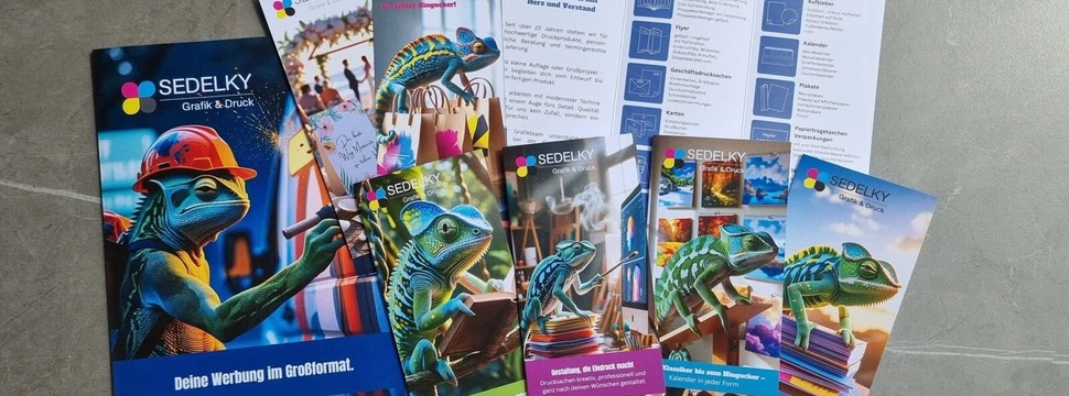 Mehrere bunte Hefte mit verschiedenen Motiven, die auf einem Tisch liegen