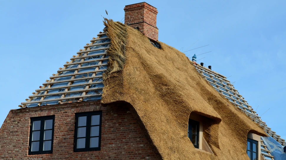 halbfertiges Reetdach auf einem neuen Haus