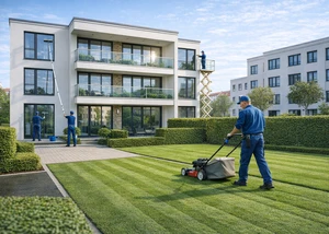 Gärtner mäht den Rasen vor einem modernen Mehrfamilienhaus, während im Hintergrund Reinigungskräfte die Fenster des Gebäudes putzen.
