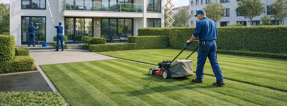 Gärtner mäht den Rasen vor einem modernen Mehrfamilienhaus, während im Hintergrund Reinigungskräfte die Fenster des Gebäudes putzen.