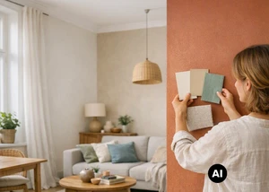 Eine Frau hält verschiedene Farbmuster vor eine orangene Wand in einem Wohnzimmer (KI-generiert)
