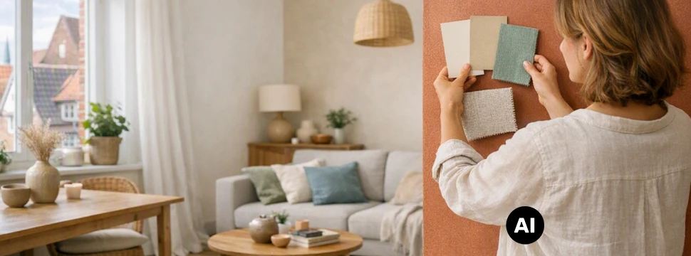 Eine Frau hält verschiedene Farbmuster vor eine orangene Wand in einem Wohnzimmer (KI-generiert)